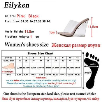 EilyKen PVC Transparentné Lady Papuče, Sandále open-toe Papuče Sexy Letné Crystal Klinové podpätky Mule Šaty podpätky Black Marhuľových