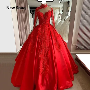 Zákazku plesové Šaty, Červené Svadobné Šaty arabské Moslimské Svadobné Šaty s Vysokým Krku Dlhé Rukávy 2019 Nové Svadobné Šaty