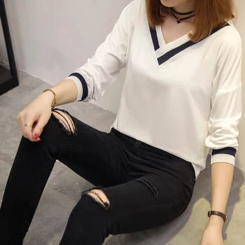 Móda Dlhý Rukáv T-shirts Ženy Patchwork Jednoduché tee kórejský Stuents tvaru Voľné basic tričko Jar Jeseň biela čierna topy