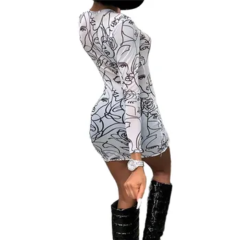 2020 Lete Nové Žien O Krk Dlhým rukávom Šaty Ženské Umenie Graffiti Sexy Pohľadu Temperament Slim Package Hip Šaty Žena