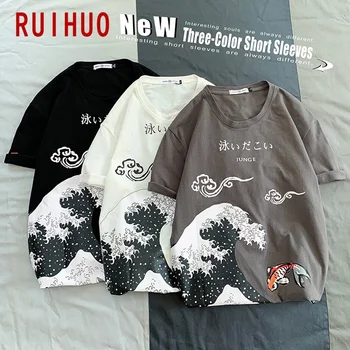 RUIHUO Vlna Tlač Krátky Rukáv pánske T-Shirt Streetwear Módy Tričko Mužov Tričko Hip Hop 2021 Japonský Odev Človeka M-5XL