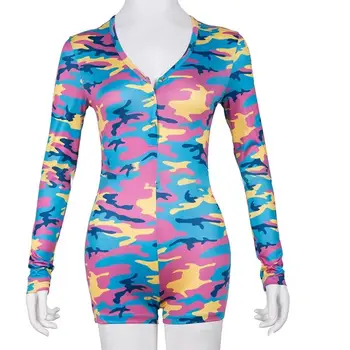 2020 Sexy Ženy tvaru Tlačené Bodycon Sleepwear Jumpsuit Tlačidlo Kombinézu Šortky Romper Trikot Dlhý Rukáv Kombinézu