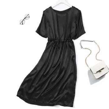 Ženy to Čistý Hodváb Black Ťažké Satin Textílie Dlhé Šaty s krátkym rukávom kolo krku pás jedna veľkosť JN397
