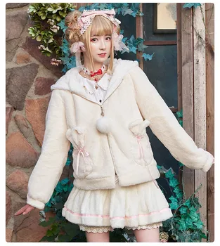 Zimné kawaii dievča sladké lolita kabát plus velvet zahustiť udržať v teple gothic lolita kabát roztomilé plyšové uši vrecká kawaii kabát