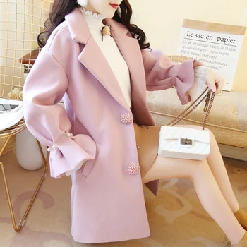 HANZANGL kórejská Verzia Vlny Kabát 2020 Zimná Bunda Ženy Trúby Rukáv Sladké Vlnené Cashmere Coats Dlho Outwear