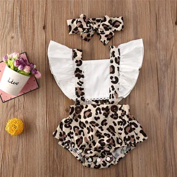 Novorodenca Oblečenie Dievča Ruched Leopard Tlač Bez Rukávov Dieťa Remienky Jumpsuit Hlavový Most Lete Bežné Detské Oblečenie Oblečenie