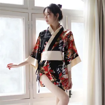 Japonský tlač Kimono Luk Pás Vyhovovali župan župan sexy spodnú bielizeň lenceria femenina seks vetement femme župan sady nočné šaty