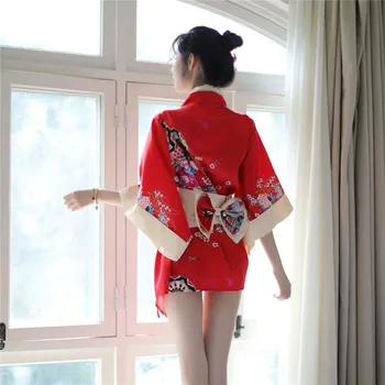 Japonský tlač Kimono Luk Pás Vyhovovali župan župan sexy spodnú bielizeň lenceria femenina seks vetement femme župan sady nočné šaty