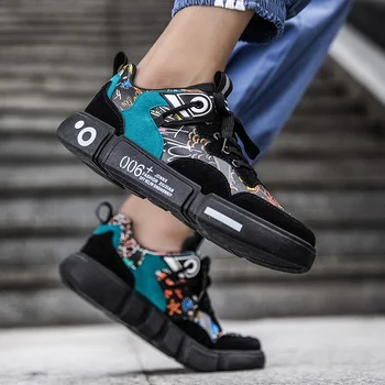2020 hot štýl ležérne topánky pánske graffiti kožené ploché topánky pánske členkové topánky móda bežecká obuv príliv topánky zhodu farieb