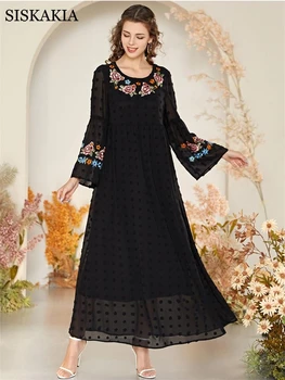 Siskakia Elegantné Etnických Výšivky Maxi Šaty pre Ženy, Čierna, O Krk Svetlice Dlhý Rukáv arabské Moslimské Turecko Oblečenie na Jeseň 2020