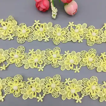 2 metrov Žltá Pearl Korálkové 3D Kvet Kvetinová Čipka Orezania pása s nástrojmi Vyšívané Textílie Nášivka DIY Šitie Plavidlá Svadobné Šaty