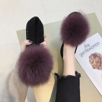 Zimné imitácia fox kožušiny hustej kožušiny topánky študentky pohodlné tehotné ženy ploché topánky hrach bavlna topánky plus velvet sho