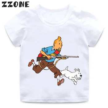 Chlapci a Dievčatá Cartoon Tintin Milow Tlačiť T-shirt Dieťa Zábavné Biele tričko Deti Letné Krátky Rukáv Oblečenie