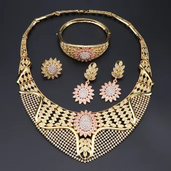 OEOEOS Afriky Svadobné Dubaj Sady Šperkov Crystal Náhrdelníky Náušnice, Prsteň Náramok Nigérijský Ženy Móda, Svadobné, Zlaté Šperky