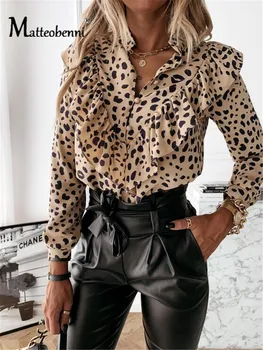 Bežné Leopard Dot Tlače Prehrabať, Blúzky, Košele 2020 Jeseň Zima Dlhý Rukáv Ženy Košele Elegantné Office Lady Tvaru Tlačidlo Topy