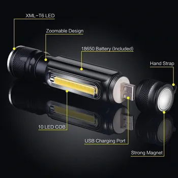 LED T6 Baterka Prenosné USB Nabíjateľná Baterka Multifunkčné Bočné KLASU Svetlo, Zoom, Vodotesný LED Pracovné Svetlo Chvost Magnet