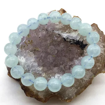 Ženy Náramok Prírodné Akvamarínov 10 mm Okrúhle Korálky Elastické Krištáľové Šperky Nie Skla Žiadne Syntetické Naozaj Modrej Farby Crystal