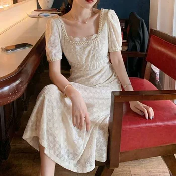Čipky Vintage Dlhé Šaty Žien Lete Roku 2020 Námestie Golier Lístkového Rukáv Kórejský Ženské Šaty, Elegantné Francúzske Retro Víla Šaty