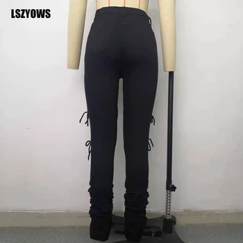 2021 Ženy Čipky Džínsy Sexy Otvor Duté Z Black Skladaný Džínsy Streetwear Vysoký Pás Chudá Ruched Džínsové Nohavice Ženy Nohavice