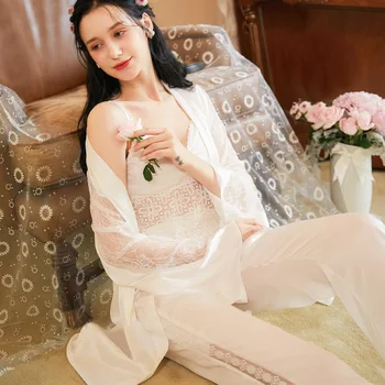 Dámske Jarné Dlhým Rukávom Nightgown Nastaviť Biela tvaru Pyžamo Sexy Plavky Pijamas 3-dielna Domáce Oblečenie Ice Hodváb Sleepwear