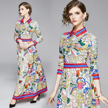 Ženy Dizajnér Dráhy Vintage Šaty 2020 Jeseň Zima Dlhým rukávom Klope Voľné Plus Veľkosť Šaty Lady Party Elegantné Maxi Šaty
