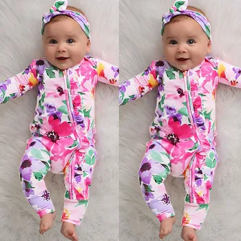 Detská Baby Dievčatá oblečenie Chlapci Dlhý Rukáv Kvetinový Tlač Romper Jumpsuit+hlavový most Oblečenie bebes