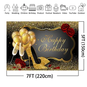 Happy Birthday Party Pozadie Zlaté Bodky Balóny Ruže Čierne a Zlaté Ozdoby Ženy Dospelých Narodeniny Photo Booth Pozadí