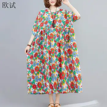 Plus Veľkosť Floarl kvetina Tlače Letné Plážové Šaty 2020 Dámy Šaty pre Ženy 4XL 5XL 6XL Bavlna Bežné Dlho Nadrozmerné Oblečenie