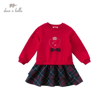 DKS14977 dave bella jeseň girl móda luk pléd, tlač patchwork zavesené šaty deti sladké šaty deti detská lolita oblečenie