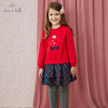 DKS14977 dave bella jeseň girl móda luk pléd, tlač patchwork zavesené šaty deti sladké šaty deti detská lolita oblečenie