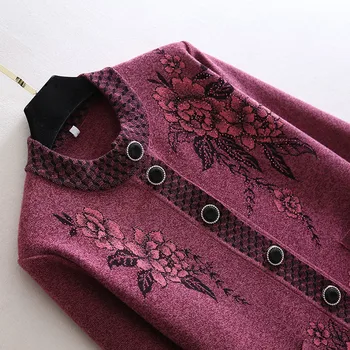 Ženy Topy Knitwear Cardigan Sveter Hrubé 2021 Jeseň Plus veľkosti 4XL v Strednom veku Žena Kvetinové Výšivky Pletený Sveter Kabát W295