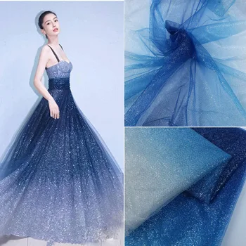 Móda blikať hviezdna textílie modrá ombre tuhý čistý lesk textílie večer svadobné party šaty, takže
