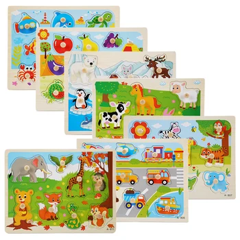 Logwood Detská Hračka Montessori drevené Puzzle/Ruky Chytiť Rada Vzdelávacie Drevená Hračka Cartoon Vozidla/ Morský Živočích Puzzle pre Deti