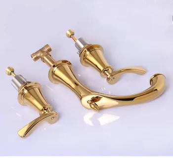 Európska Luxusné zlaté pevné brass Dvojité rukoväť tri dierky, Rozšírená Kúpeľňa Umývadlo, Batérie vysokej kvality Povodie Márnosť Ťuknite na položku Zmiešavač