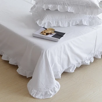 Queen Size Bed Sheets Nastaviť Biele Bavlnené obliečky Princess Style Bedsheet a obliečky na Vankúše Sladké Lôžko Stanovené Pevné prehoz cez posteľ 3ks/veľa