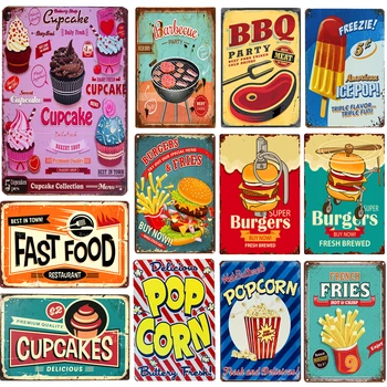 Vintage Kovov Cín Známky Doska Bbq Fast Food Hamburger Cupcake Pop Corn Hot Dog Stenu Dekor Kov Plagát pre Kuchyňa, Kaviareň, Bar
