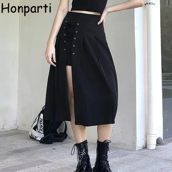 Móda Gotický Obväz Midi Sukne Punk Čierna Vysoký Pás Voľné Nepravidelný Ženy Midi Sukne Štrbinou Lem Letných Gotický Sukne