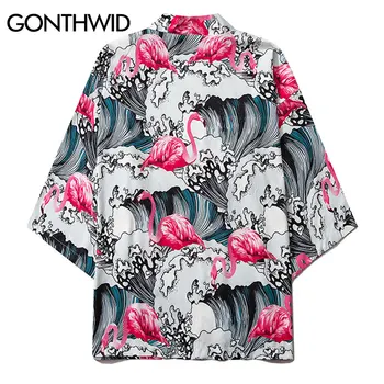 GONTHWID Tvorivé Flamingo Seawaves Tlač Japonské Kimono Cardigan Košele, Topy Mužov Bežné Streetwear Bundy Kabáty Outwear