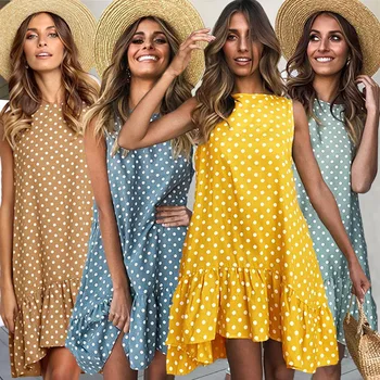 Ženy Jarné Šaty Móde Polka Dot Print Dámske Ležérne Oblečenie S Dlhým Rukávom Mini Krátke Voľné Žlté Šaty 2020