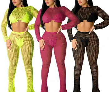 2019 Neon Sieťovina Mesh Obyčajné Dve Kus Ženy Letné Oblečenie Backless Plodín Top a Nohavice, Sexy 2 Pice Plávať Beach Oblečenie