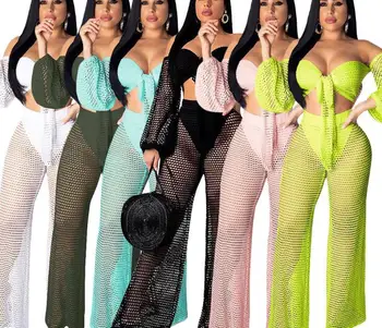 2019 Neon Sieťovina Mesh Obyčajné Dve Kus Ženy Letné Oblečenie Backless Plodín Top a Nohavice, Sexy 2 Pice Plávať Beach Oblečenie