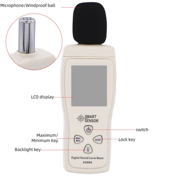 Digitálny Zvukomer 30-130dB Hluku Meter Tester Inteligentný Senzor Hluku DB Detektor Analyzer s Podsvietením AS804 48%off