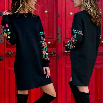 Šaty Žien Zimné Mini Šaty Klasické Kvetinový Vytlačené Dlhý Rukáv, Čierna Streetwear Vestido 2020 O-Krku Voľné Teplé Šaty