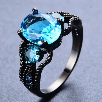 Luxusné Žena Aqua Blue Crystal Krúžok Vintage 14KT Čierne Zlato Snubné Prstene Pre Ženy Kúzlo Oválne Zirkón Kameň Zásnubný Prsteň
