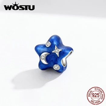 WOSTU 925 Sterling Silver Blue Moon & Hviezdičkový Charms Enemal Zirkón Korálky Fit Originálny Náramok Prívesok Na Náhrdelník Šperky CTC178