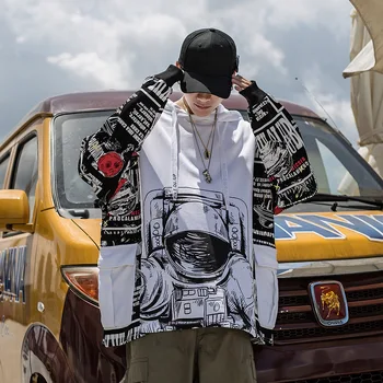 Farebný Blok Pathchwork Astronaut Tlač Mikina s Kapucňou, Muži Harajuku Hip Hop Streetwear Voľné Pánske Mikiny Nadrozmerné WQ082