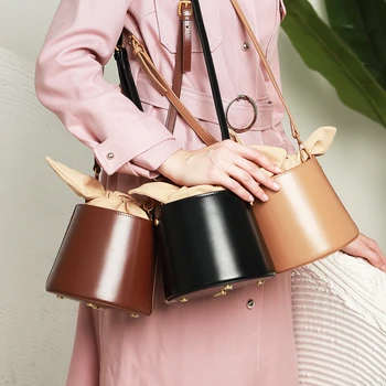 Vedro vrece kabelky ženy hnedé tašky nový štýl Luk ramenní taška messenger taška Skutočné Prvá vrstva hovädzie kože veľkou kapacitou
