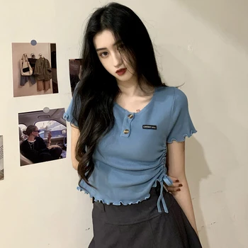 2020 lete kórejský iny štýl list čipky pletené krátky rukáv, krátke dizajn, t-košele dámske tričko tričko femme ženy topy (C1313)