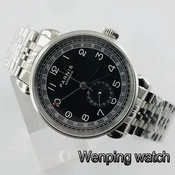 Parnis 42mm striebro prípade black dial GMT arabských známky dátum okno pevnej nehrdzavejúcej ocele mens top business automatické mechanické hodinky