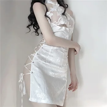 Lolita Dievčatá Čipky Vysoká Rozdeliť Obväz Mini Šaty Qipao Sexy Spodnú Bielizeň Cheongsam Slúžka Cosplay Jednotné Čínske Tradičné Šaty